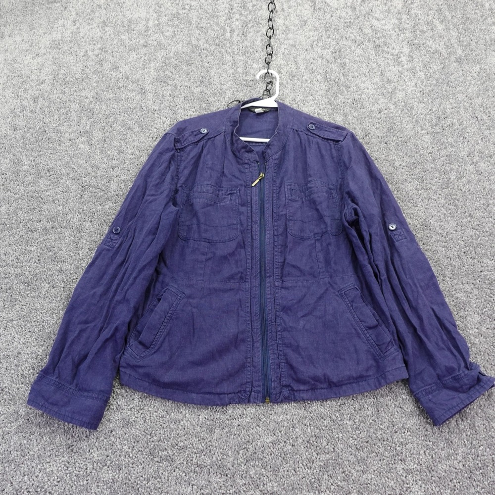 Supplies Jacket Womens Large Blue Utility Linen Blend Full Zip Roll Tab Sleeve